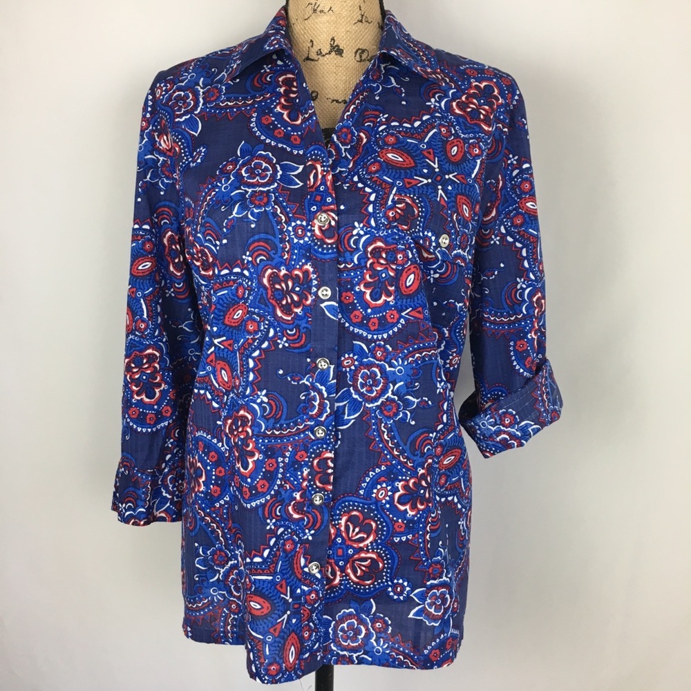 Karen Scott Blue Print Cotton Blouse sz XL